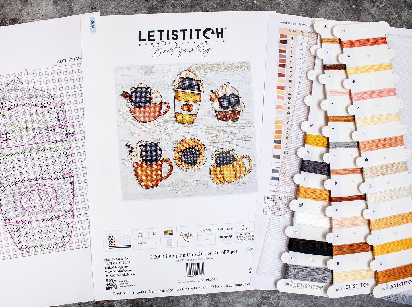 Kit de Punto de Cruz "Gatitos en Tazas de Calabaza" L8092 de Letistitch - Juego de 6