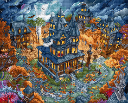 Kit de punto de cruz LetiStitch Haunted Happenings L9967, escena fantástica con casas embrujadas