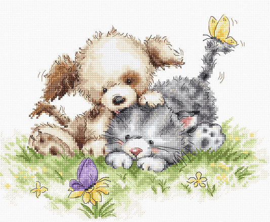 Perro y gato con mariposa - B1185 Luca-S - Kit de Punto de Cruz