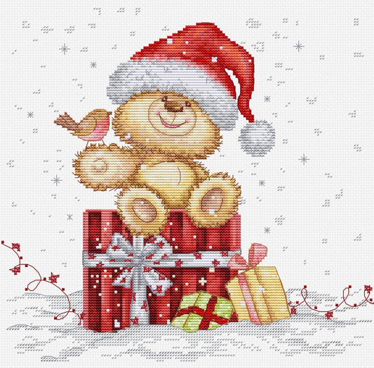 Luca-S B1431 – Holiday Gifts | Kit de punto de cruz navideño con osito y regalos