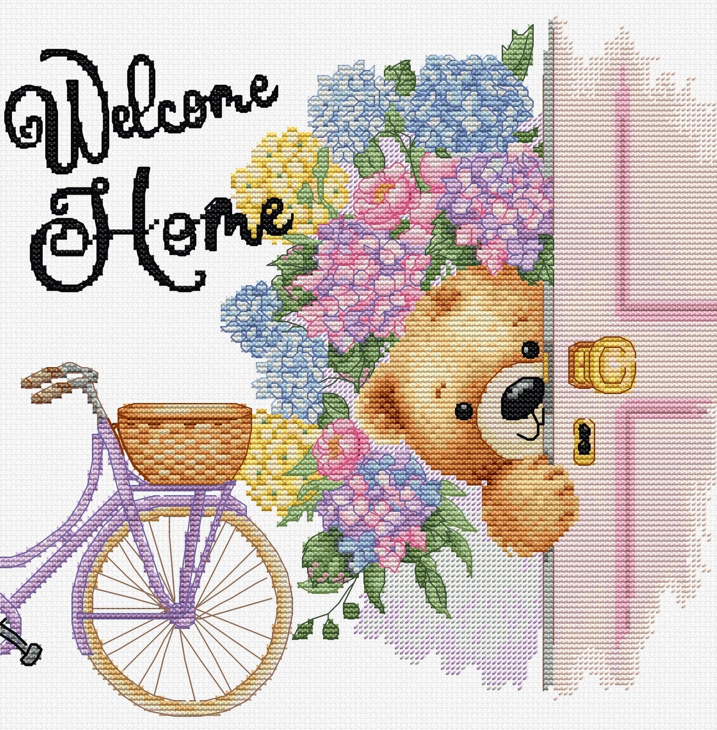 Luca-S B1433 – Welcome Home! | Kit de punto de cruz con osito, flores y bicicleta