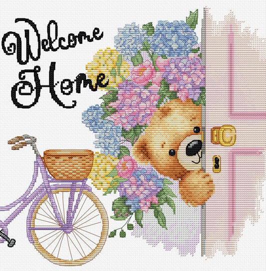 Luca-S B1433 – Welcome Home! | Kit de punto de cruz con osito, flores y bicicleta