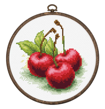 Kit de Punto de Cruz con Aro Incluido - Diseño de Cerezas Luca-S, BC103
