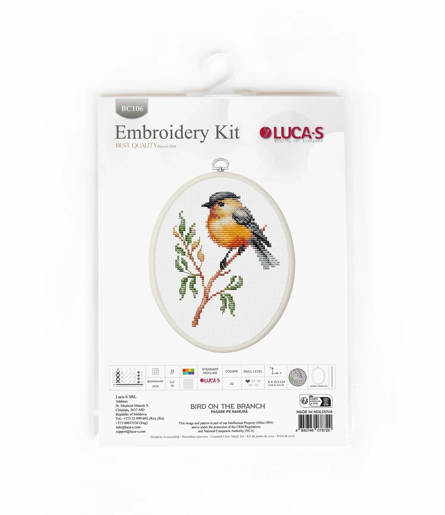 Kit de punto de cruz con aro incluido Luca-S - Pájaro en la rama, BC106