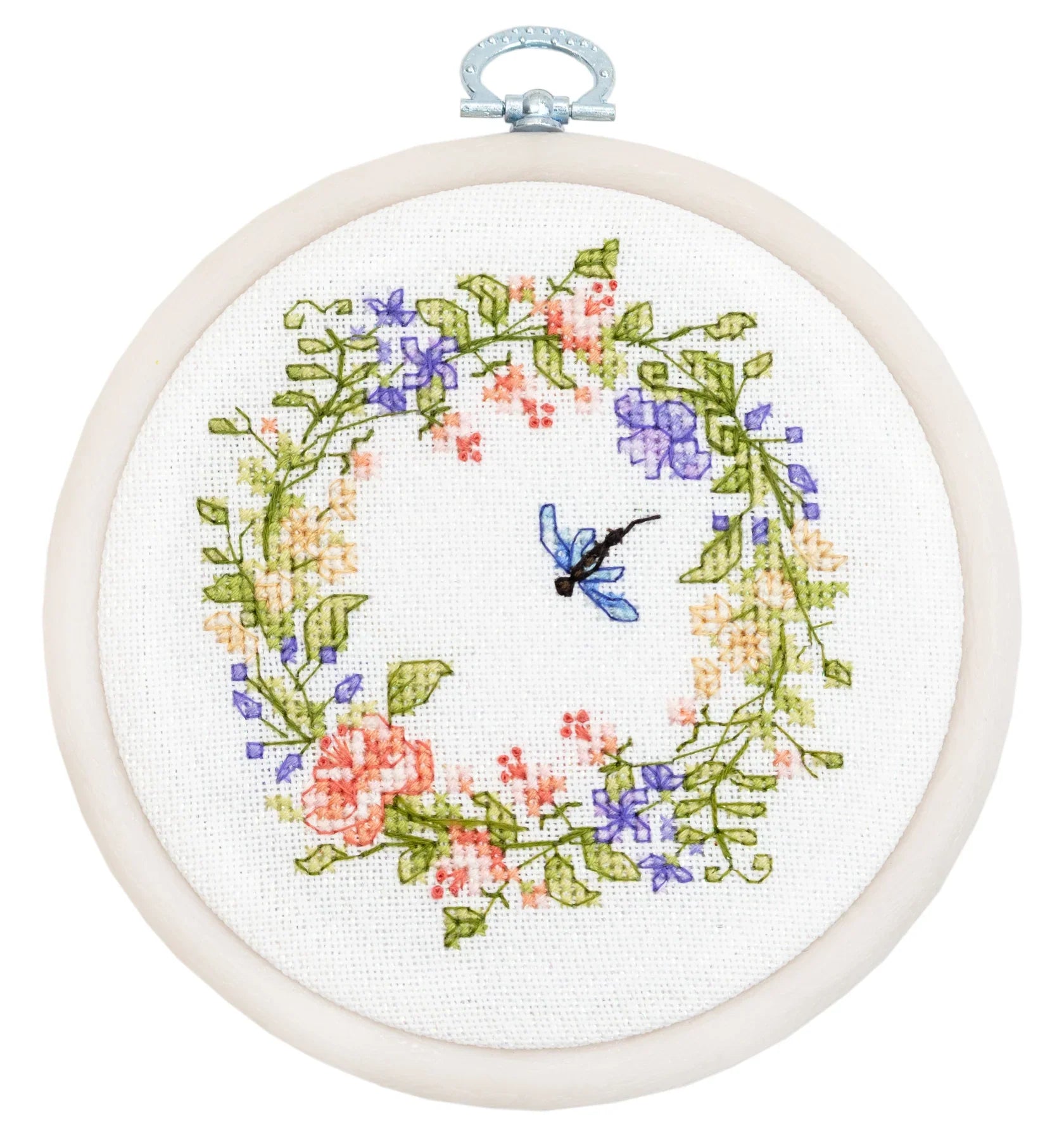 Kit punto de cruz Luca-S In the Harmony of Spring BC107 corona floral con libélula y bastidor