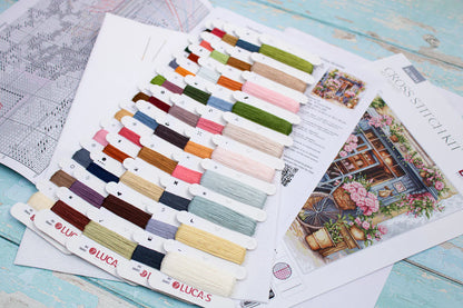 Materiales incluidos en el kit de punto de cruz Luca-S Floristería Encantada BU5044