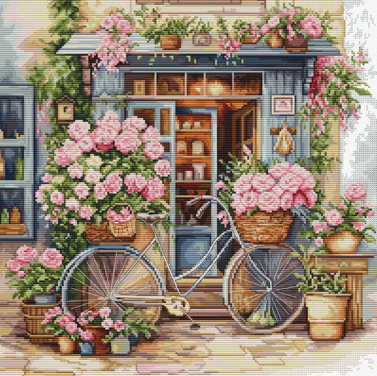 Kit de punto de cruz Luca-S Floristería Encantada BU5044 con paisaje floral y bicicleta
