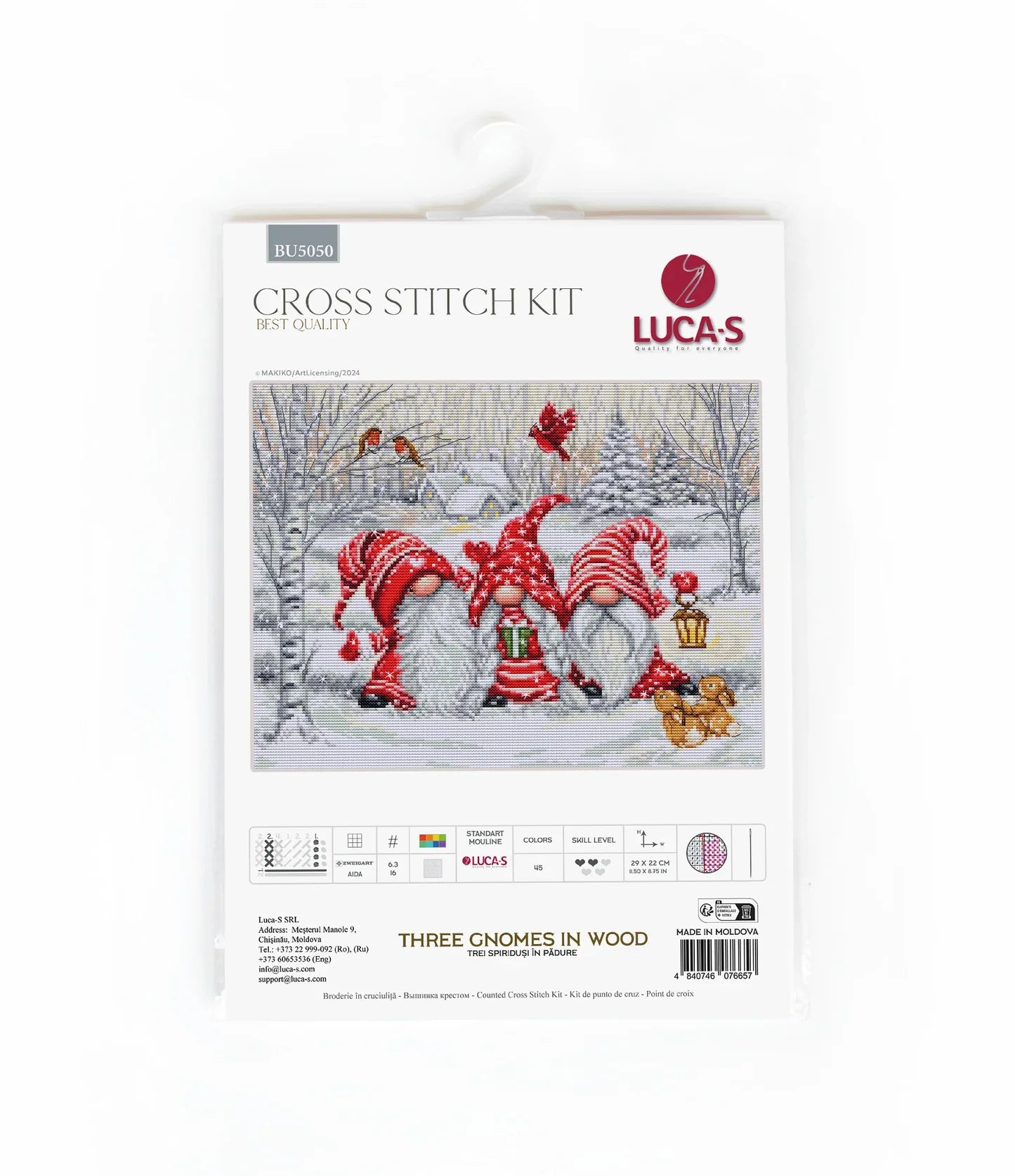 Kit de Punto de Cruz Luca-S "Tres Gnomos en el Bosque" BU5050: Encanto Invernal Hecho a Mano