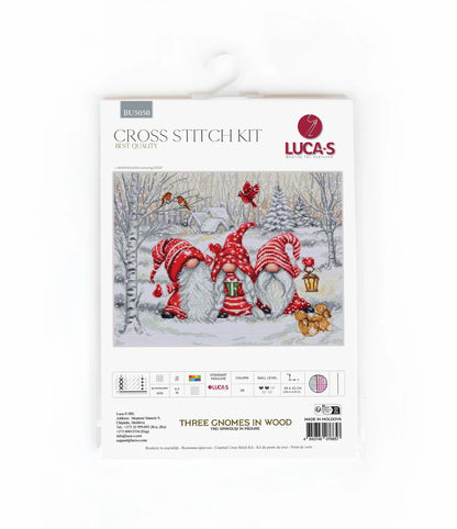 Kit de Punto de Cruz Luca-S "Tres Gnomos en el Bosque" BU5050: Encanto Invernal Hecho a Mano