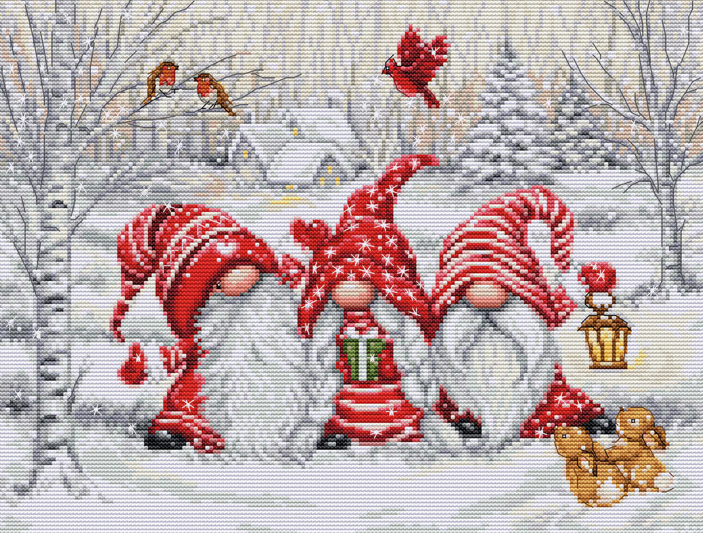 Kit de Punto de Cruz Luca-S "Tres Gnomos en el Bosque" BU5050: Encanto Invernal Hecho a Mano