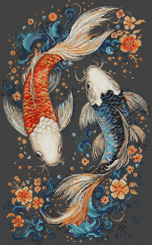 Luca-S BU5091 – Two Magic Fish | Kit de punto de cruz con peces koi sobre fondo oscuro