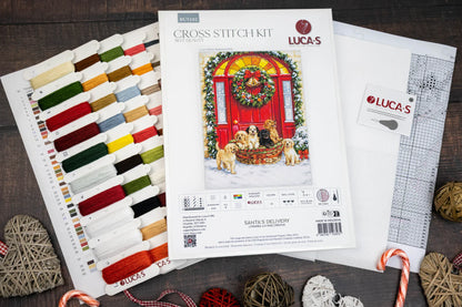 Contenido del kit de punto de cruz Luca-S Santa’s Delivery BU5102 con todos los materiales incluidos