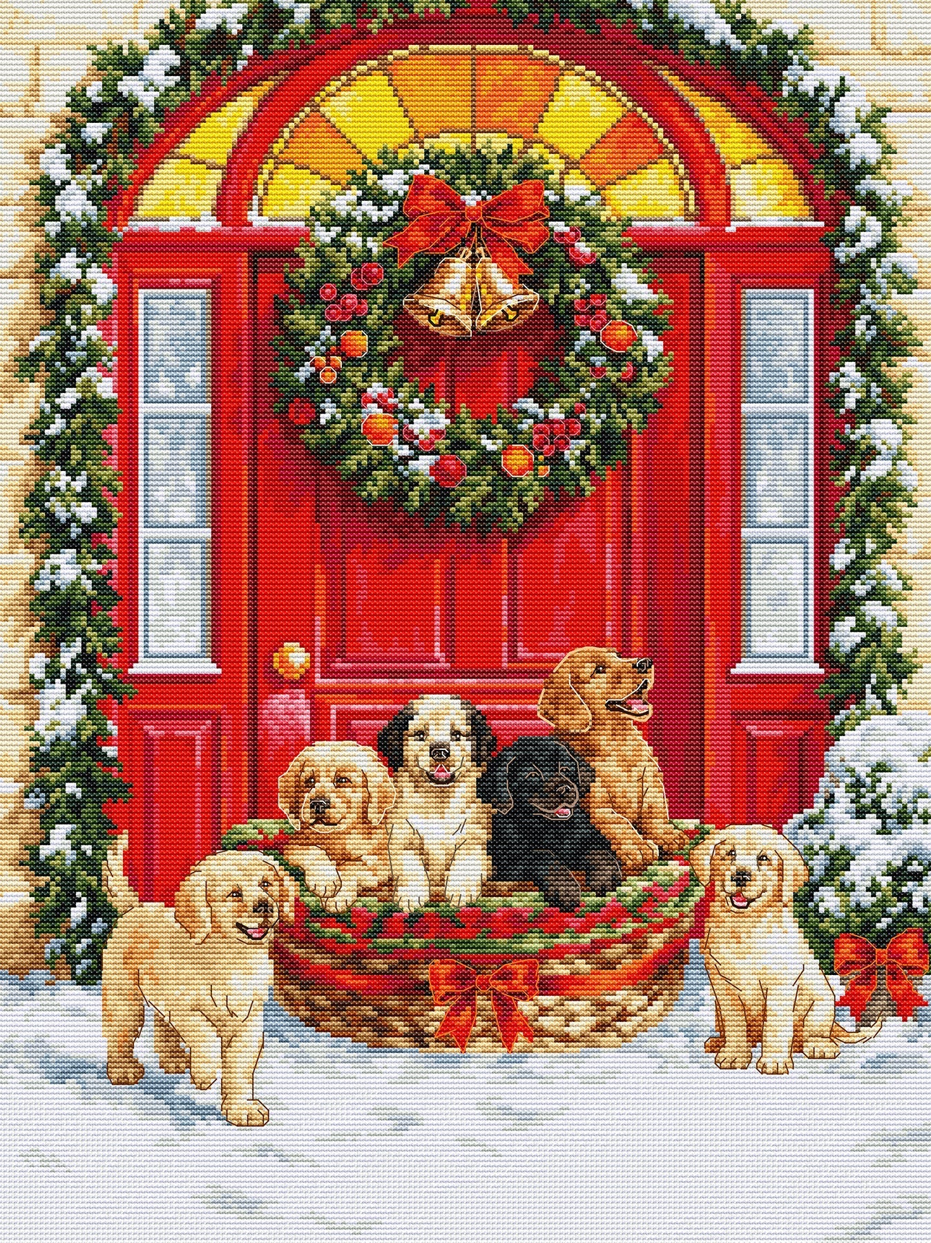 Kit de punto de cruz Luca-S Santa’s Delivery con perros y puerta navideña decorada