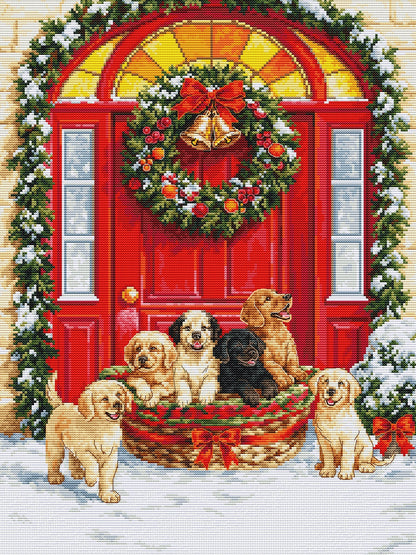 Kit de punto de cruz Luca-S Santa’s Delivery con perros y puerta navideña decorada