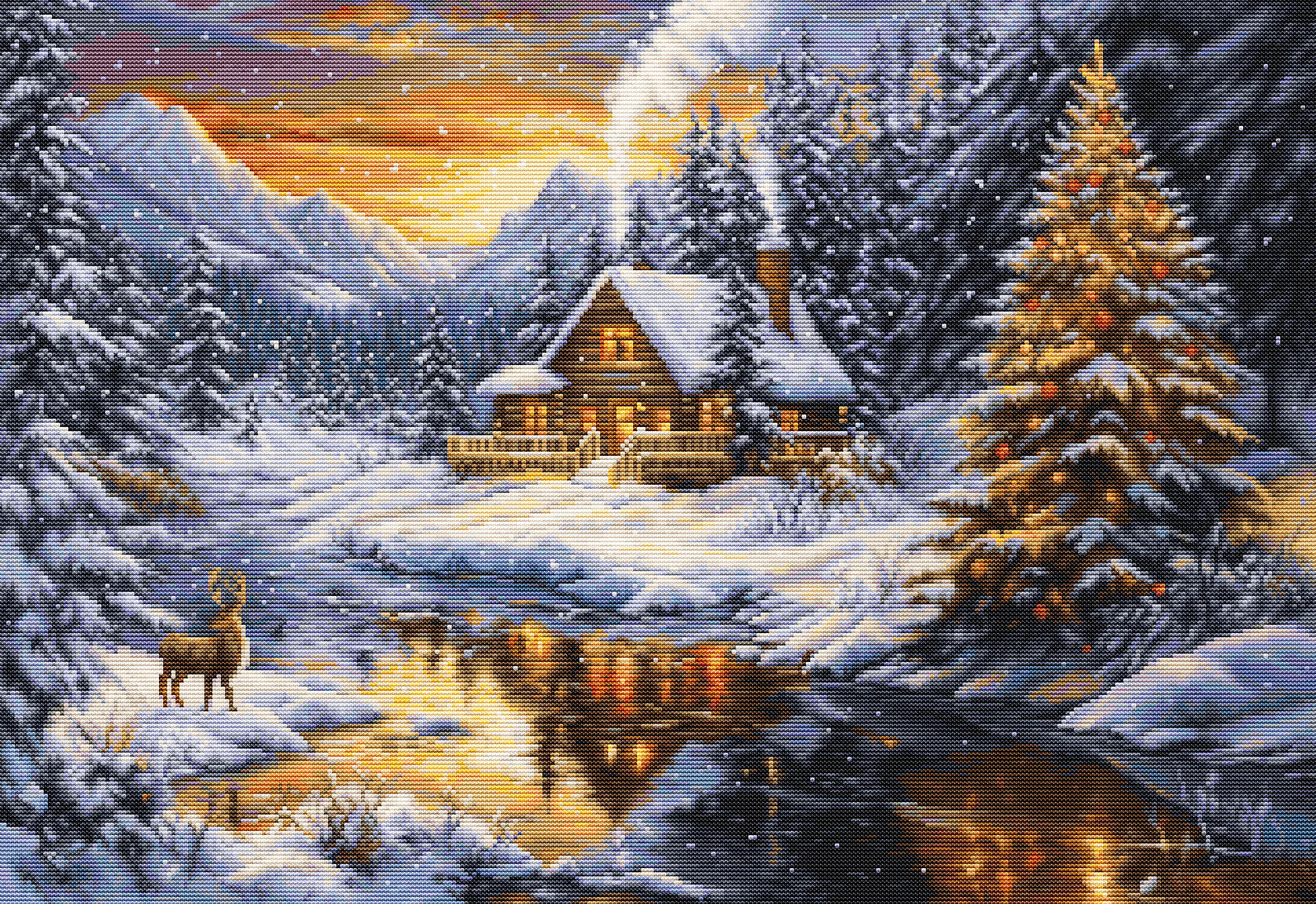 Kit de punto de cruz Luca-S GOLD B721 Winter Evening in the Mountains terminado