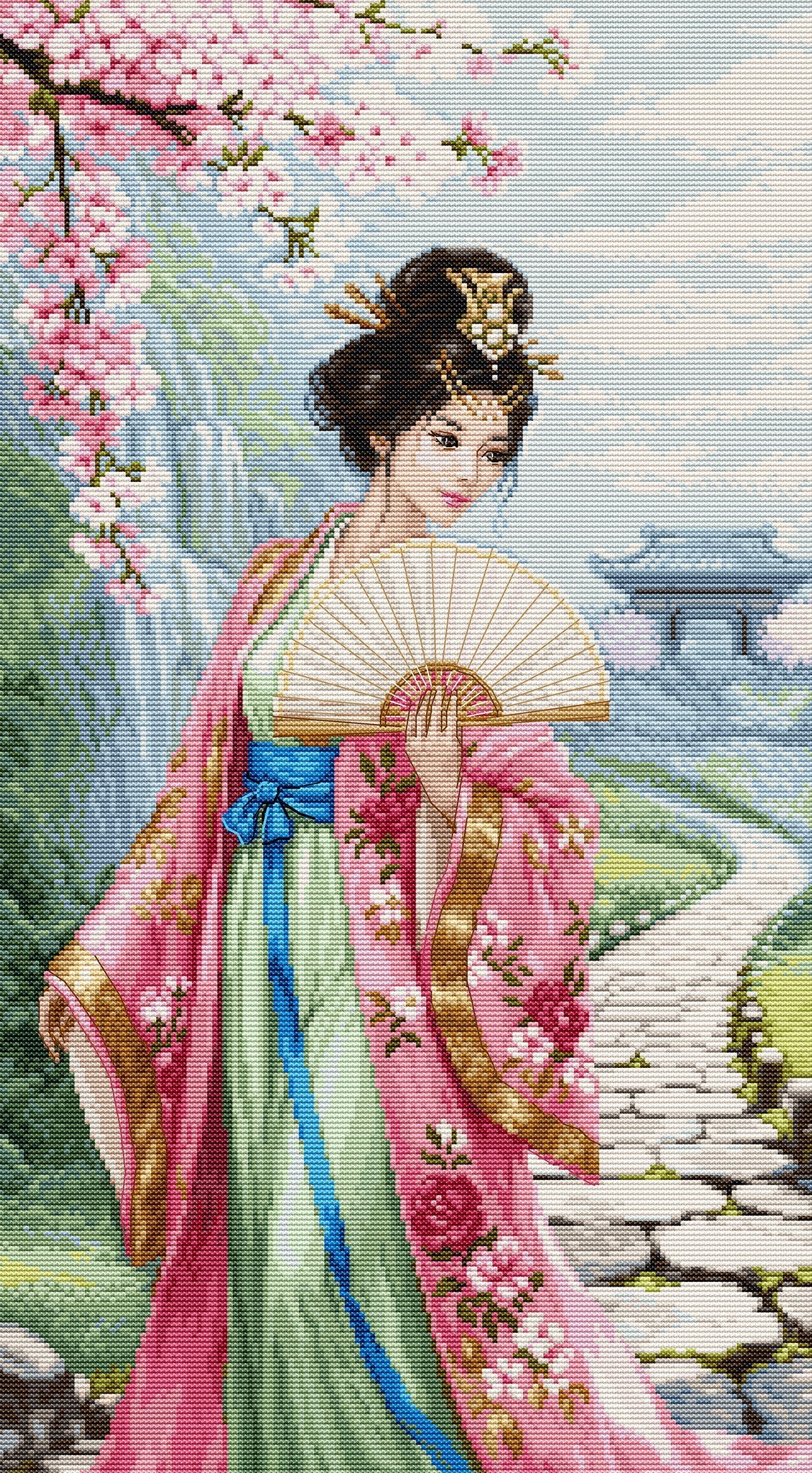Kit punto de cruz Luca-S BU5105 geisha con abanico bajo flores de cerezo