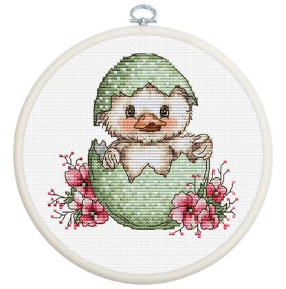 Kit de punto de cruz con bastidor Luca-S La primera sonrisa de primavera BC238 con patito saliendo del cascarón y flores rosas