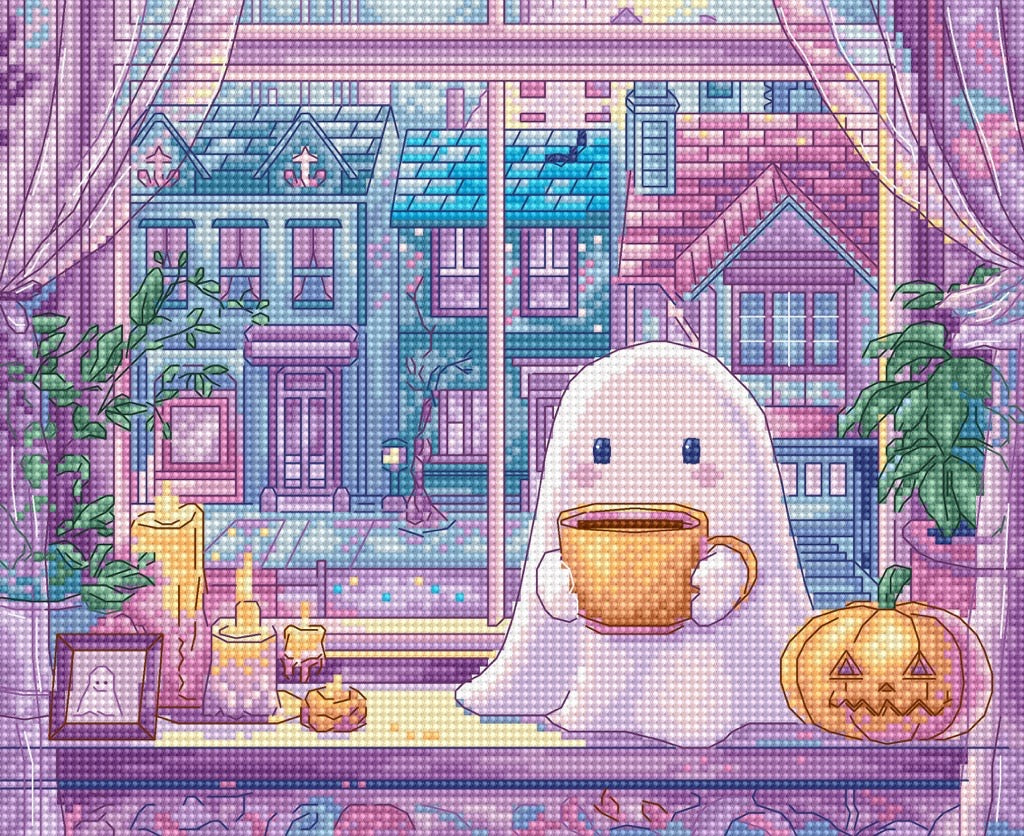 Kit de punto de cruz LetiStitch Pumpkin Latte Nights L9962, escena otoñal acogedora con personaje y calabazas
