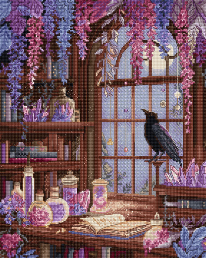 Kit de punto de cruz LetiStitch L9987 Raven’s Library con cuervo negro junto a una ventana, libros, cristales, plantas colgantes y ambiente mágico nocturno.