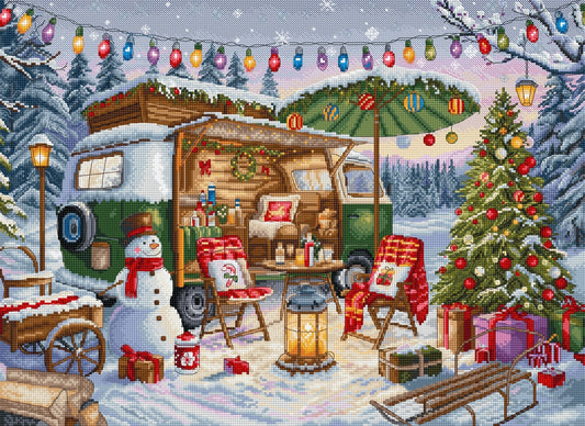 Kit de punto de cruz LetiStitch L9990 Christmas Trailer con caravana navideña, árbol de Navidad, luces de colores, nieve, regalos y muñeco de nieve.