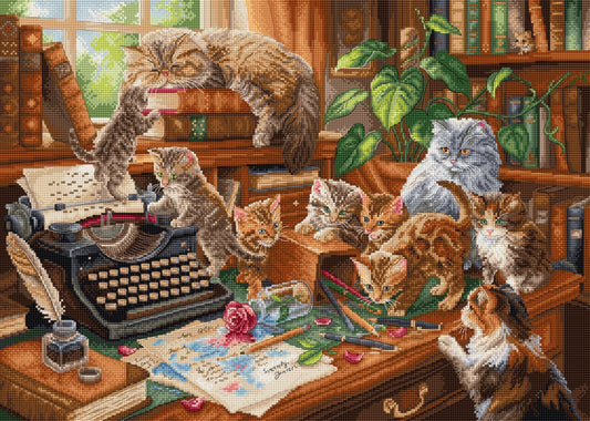 Kit de Punto de Cruz Letistitch L9992 Playful Paws Workshop - gatos en taller de escritura