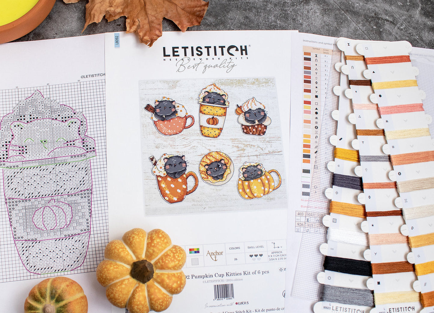 Kit de Punto de Cruz "Gatitos en Tazas de Calabaza" L8092 de Letistitch - Juego de 6