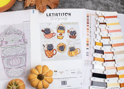 Kit de Punto de Cruz "Gatitos en Tazas de Calabaza" L8092 de Letistitch - Juego de 6