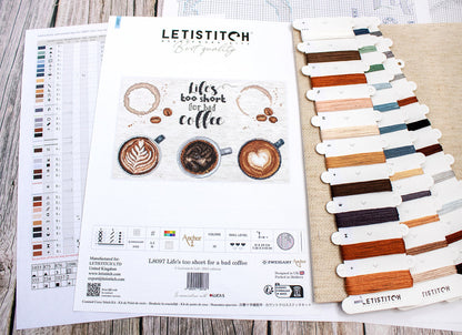 Kit de Punto de Cruz Letistitch L8097 "La Vida es Demasiado Corta para un Mal Café"