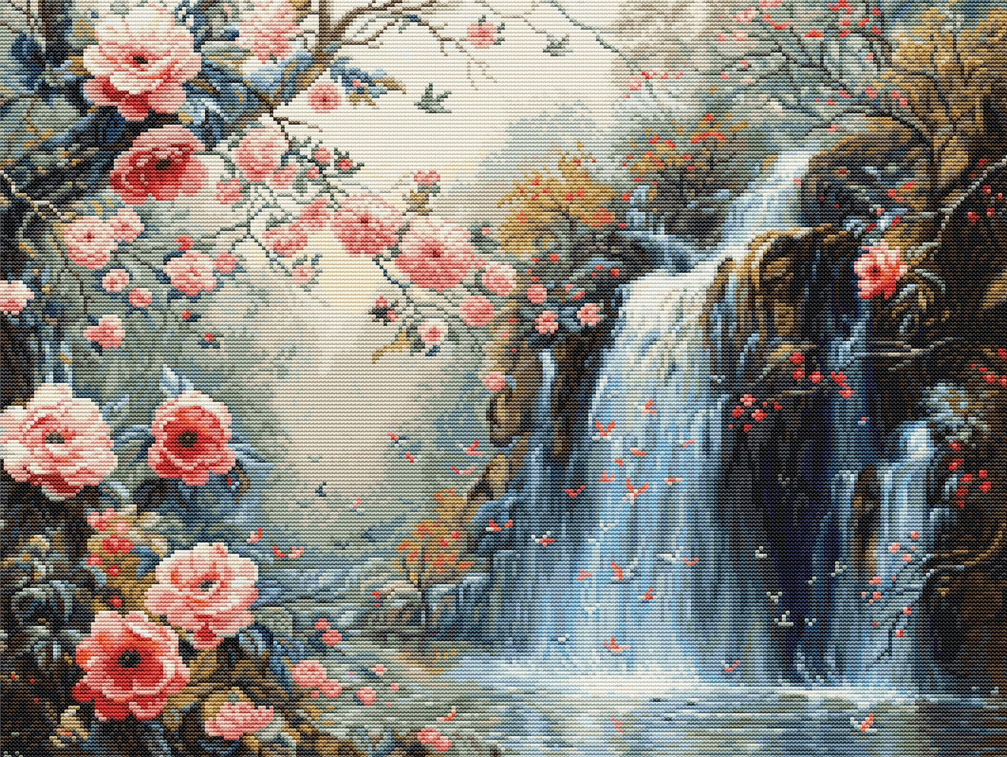 Kit de punto de cruz Luca-S Crystalline Waterfall B708 con paisaje de cascada y flores