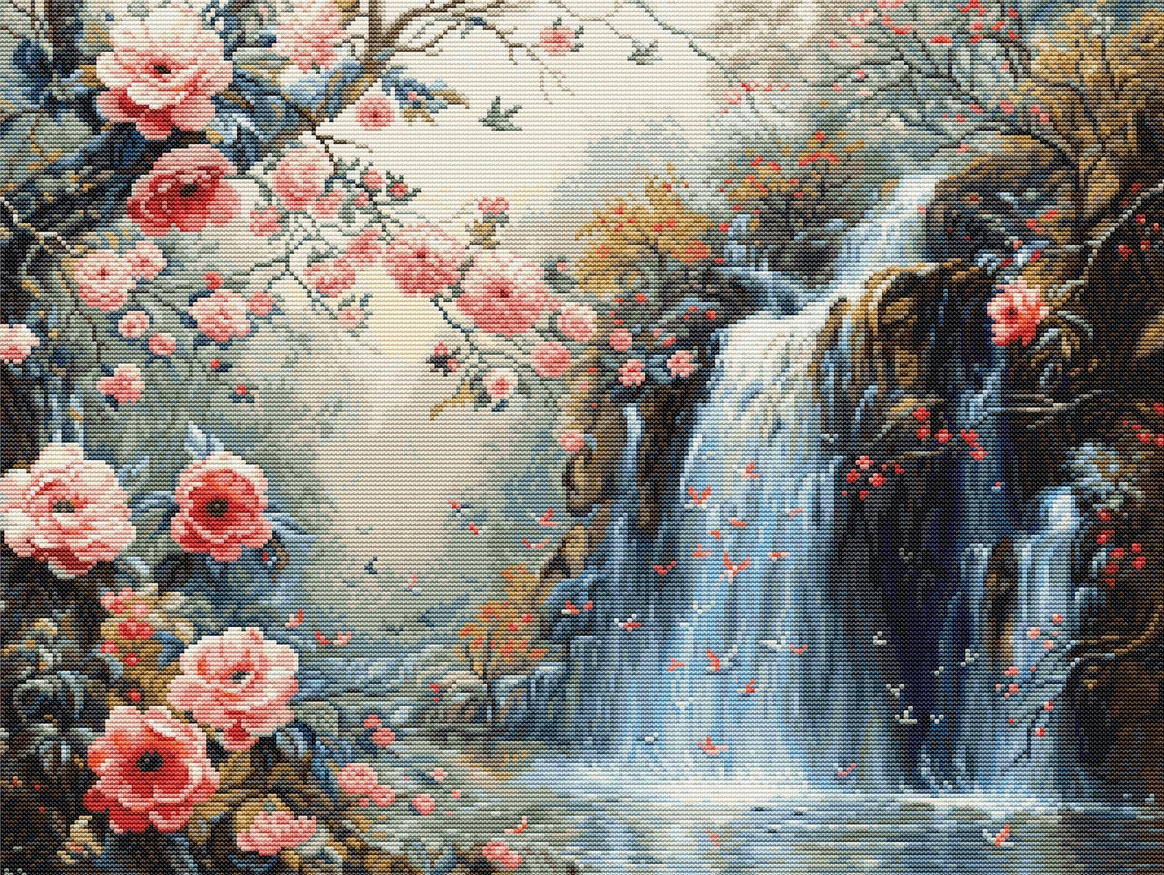 Kit de punto de cruz Luca-S Crystalline Waterfall B708 con paisaje de cascada y flores